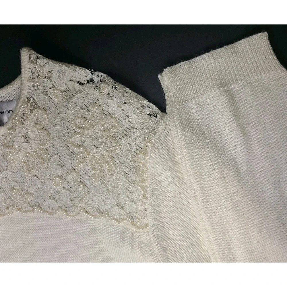 Vtg Rena Rowan Ivory Knit Lace Pearl Embellished Knit Blouse Top Womens Size L - Picture 5 of 8